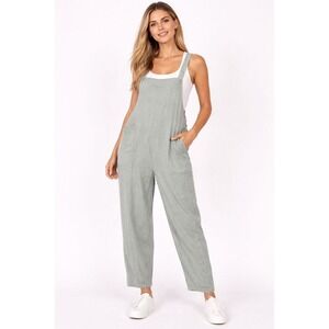 Jumpsuit‎ Cropped Cotton Linen Blend Overalls Women's Sage Green Size - Medium